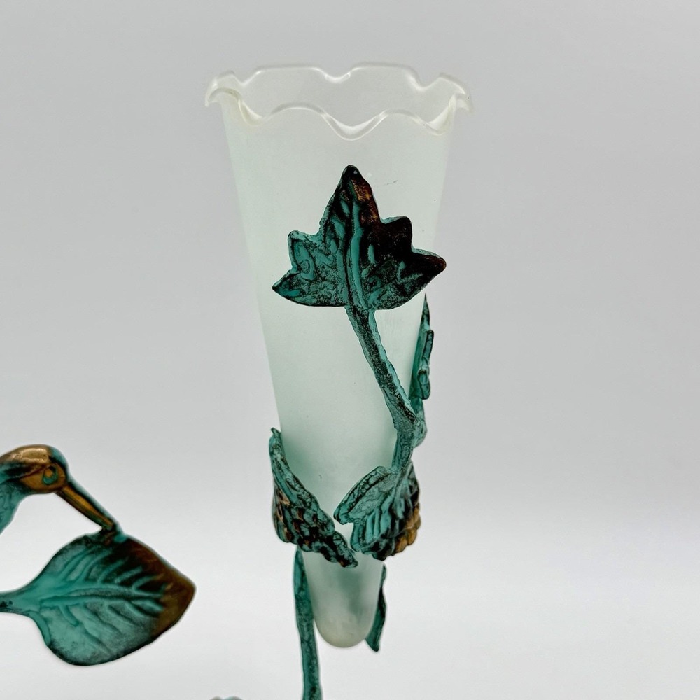 Vintage 90's Brass Hummingbird Verdigris Flower Candle Holder Vase Green Ivy - Picture 12 of 16